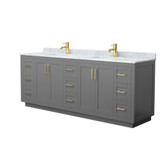 Wyndham WCF292984DGGCMUNSMXX Miranda 84 Inch Double Bathroom Vanity in Dark Gray, White Carrara Marble Countertop, Undermount Square Sinks, Brushed Gold Trim