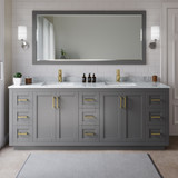 Wyndham WCF292984DGGCMUNSMXX Miranda 84 Inch Double Bathroom Vanity in Dark Gray, White Carrara Marble Countertop, Undermount Square Sinks, Brushed Gold Trim