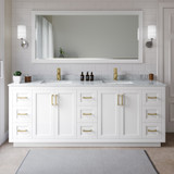 Wyndham WCF292984DWGCMUNSMXX Miranda 84 Inch Double Bathroom Vanity in White, White Carrara Marble Countertop, Undermount Square Sinks, Brushed Gold Trim