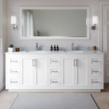 Wyndham WCF292984DWHCMUNSMXX Miranda 84 Inch Double Bathroom Vanity in White, White Carrara Marble Countertop, Undermount Square Sinks, Brushed Nickel Trim