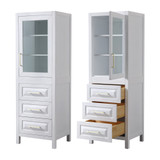 Wyndham WCV2525LTWG Daria Linen Tower in White with Brushed Gold Trim, Shelved Cabinet Storage, and 3 Drawers