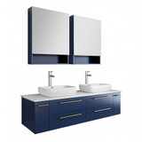 Fresca FVN6160RBL-VSL-D Fresca Lucera 60" Royal Blue Wall Hung Double Vessel Sink Modern Bathroom Vanity w/ Medicine Cabinets