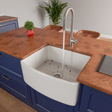 ALFI White Smooth Curved Apron 24" x 20" Single Bowl Fireclay Farm Sink with Grid - ABFC2420-W