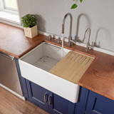 ALFI White Smooth Apron Workstation 30" x 20" Single Bowl Step Rim Fireclay Farm Sink with Accessories - ABFS3020-W