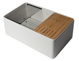 ALFI White Smooth Apron Workstation 30" x 20" Single Bowl Step Rim Fireclay Farm Sink with Accessories - ABFS3020-W