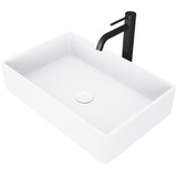 Vigo  VGT1450 Magnolia Matte Stone Vessel Bathroom Sink And Lexington Cfiber© Vessel Bathroom Faucet In Matte Black With Matte White Pop-Up Drain