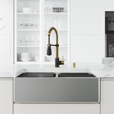 Vigo VG151003 All-In-One 33 In. Double Bowl Oxford Apron Front Stainless Steel Farmhouse Kitchen Sink With Brant Faucet In Matte Brushed Gold And Matte Black