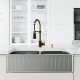 Vigo VG151004 All-In-One 36 In. Oxford Slotted Apron Front Double Bowl Stainless Steel Farmhouse Kitchen Sink With Accessories And Brant Faucet In Matte Brushed Gold And Matte Black