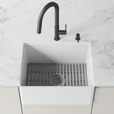 Vigo VGRA2418FLK1 Matte Stone 24 In. Single Bowl Flat Farmhouse Apron-Front Kitchen Sink With Strainer And Silicone Grid