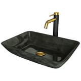 Vigo VGT2022 Rectangular Gray Onyx Glass Vessel Bathroom Sink And Lexington Cfiber© Faucet In Matte Brushed Gold And Matte Black - 17 7/8 inch