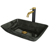 Vigo Rectangular Gray Onyx Glass Vessel Bathroom Sink And Lexington Cfiber© Faucet In Matte Brushed Gold And Matte Black - 17 7/8 inch