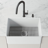 Vigo VGRA2718FLK1 Matte Stone 27 In. Single Bowl Flat Apron-Front Farmhouse Kitchen Sink With Strainer And Silicone Grid