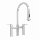 Whitehaus  WHS6900-PDK-PSS Waterhaus Lead-Free Solid Stainless Steel Bridge Faucet with a Gooseneck Swivel Spout, Pull Down Spray Head and Solid Lever Handles - Polished Stainless Steel