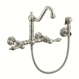 Whitehaus WHKWLV3-9402-NT-BN Vintage III Plus Wall Mount Faucet with a Long Traditional Swivel Spout, Lever Handles and Solid Brass Side Spray - Brushed Nickel