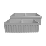 Whitehaus  WHQDB332-M-LIGHTCEMENT Farmhaus Quatro Alcove Reversible Matte Double Bowl Fireclay Kitchen Sink with Fluted 2" Lip Front Apron on one Side and a 2 ½" Lip Plain on the Opposite Side - Light Cement - 33 inch