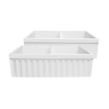 Whitehaus WHQDB332-M-WHITE Farmhaus Quatro Alcove Reversible Matte Double Bowl Fireclay Kitchen Sink with Fluted 2" Lip Front Apron on one Side and a 2 ½" Lip Plain on the Opposite Side - Matte White - 33 inch
