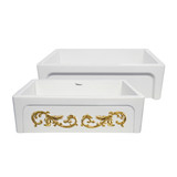 Whitehaus WHSIV3333OR-GOLD St. Ives Ornamental 33" Reversible Fireclay Kitchen Sink with Intricate Embossed Vine Design Front Apron on one side and an Elegant Beveled Front Apron on the Opposite Side - White/Gold