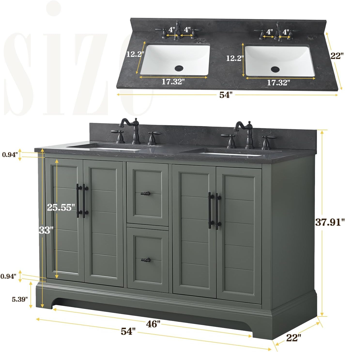 Vanity Art VA5054-W White 54 Inch Bathroom Vanity with two Bowl ...