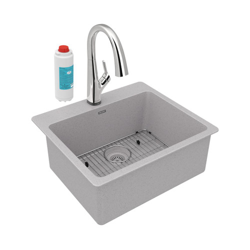 ELKAY  ELG2522GS0FLC Quartz Classic 25" x 22" x 9-1/2", Single Bowl Drop-in Sink Kit with Filtered Faucet, Greystone