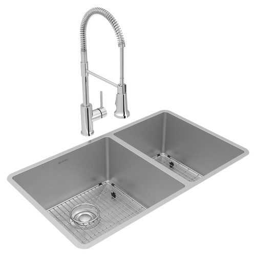 Elkay Crosstown 18 Gauge Stainless Steel 31-1/2" x 18-1/2" x 9", 60/40 Double Bowl Undermount Sink & Faucet Kit with Bottom Grid & Drain - ECTRU32179RTFBC