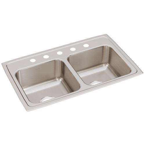 Elkay Lustertone Classic Stainless Steel 29" x 18" x 7-5/8", 5-Hole Equal Double Bowl Drop-in Sink - LR29185