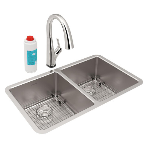 ELKAY  ELUH3118TFLC Lustertone Iconix 18 Gauge Stainless Steel 32-3/4" x 19-1/2" x 9" Double Bowl Undermount Sink Kit with Filtered Faucet