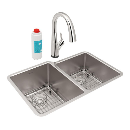Elkay Lustertone Iconix 18 Gauge Stainless Steel 31-1/4" x 20-1/2" x 9" Double Bowl Undermount Sink Kit with Filtered Faucet - ELUH3120RTFLC