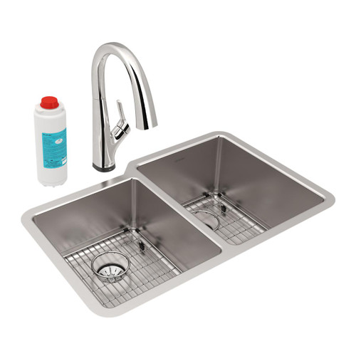 ELKAY  ELUHH3120LTPFLC Lustertone Iconix 16 Gauge Stainless Steel 31-1/4" x 20-1/2" x 9" Double Bowl Undermount Sink Kit with Filtered Faucet with Perfect Drain