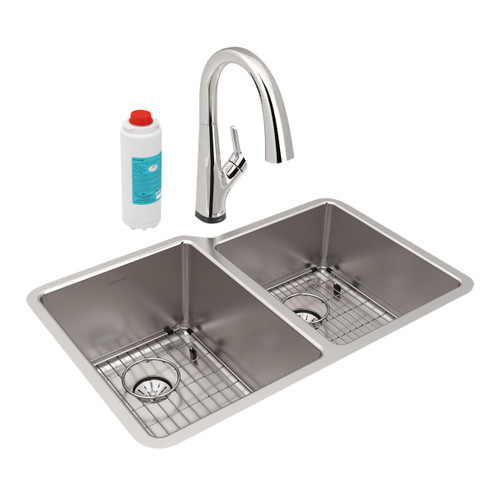 ELKAY  ELUHH3120RTPFLC Lustertone Iconix 16 Gauge Stainless Steel 31-1/4" x 20-1/2" x 9" Double Bowl Undermount Sink Kit with Filtered Faucet with Perfect Drain