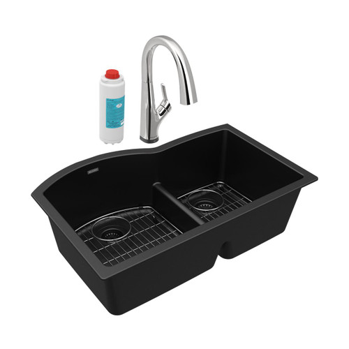 ELKAY  ELGHU3322RBKFLC Quartz Classic 33" x 22" x 10", Offset 60/40 Double Bowl Undermount Sink Kit with Filtered Faucet with Aqua Divide, - Black