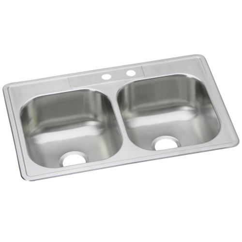 ELKAY DSE23322MR2 Dayton Stainless Steel 33" x 22" x 8-1/16", MR2-Hole Equal Double Bowl Drop-in Sink