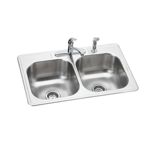ELKAY  DSE233224DF Dayton Stainless Steel 33" x 22" x 8-1/16", 4-Hole Equal Double Bowl Drop-in Sink and Faucet Kit