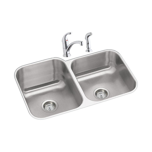ELKAY DXUH312010RDF Dayton Stainless Steel 31-3/4" x 20-1/2" x 10", Offset Double Bowl Undermount Sink and Faucet Kit