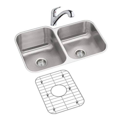 ELKAY  DXUH312010RDFBG Dayton Stainless Steel 31-3/4" x 20-1/2" x 10", 60/40 Double Bowl Undermount Sink and Faucet Kit with Bottom Grid
