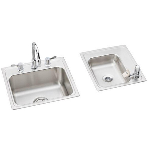 Elkay Lustertone Classic Stainless Steel 34" x 17" x 7-5/8", Double Bowl Drop-in Classroom Sink+Faucet/Bubbler Kit - DRKR23417RC