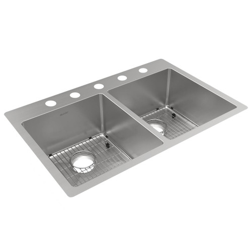 ELKAY ECTSR33229TBG5 Crosstown 18 Gauge Stainless Steel 33" x 22" x 9", 5-Hole Equal Double Bowl Undermount or Drop-in Sink Kit