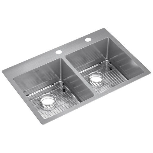Elkay Crosstown 18 Gauge Stainless Steel 33" x 22" x 9", FR2-Hole Equal Double Bowl Undermount or Drop-in Sink Kit - ECTSR33229TBGFR2
