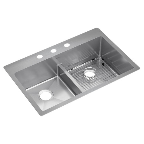 ELKAY ECTSRA33229TBG3 Crosstown 18 Gauge Stainless Steel 33" x 22" x 9", 3-Hole Equal Double Bowl Undermount or Drop-in Sink Kit with Aqua Divide