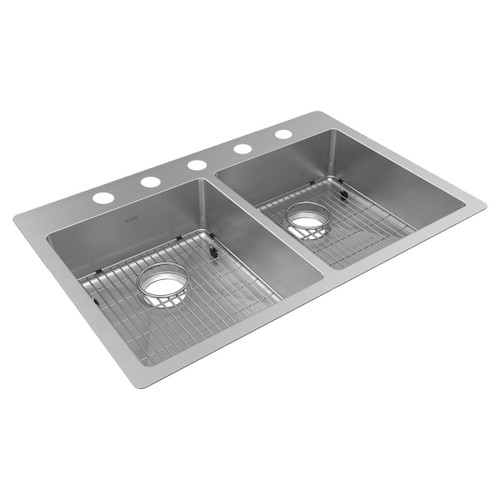 ELKAY ECTSRAD33226TBG5 Crosstown 18 Gauge Stainless Steel 33" x 22" x 6", 5-Hole Equal Double Bowl Undermount or Drop-in ADA Sink Kit