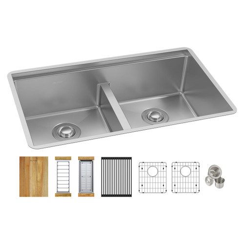 Elkay Crosstown 18 Gauge Workstation Stainless Steel, 31-1/2" x 18-1/2" x 9" Equal Double Bowl Sink Kit with Aqua Divide - ECTRUAQ31169TWC