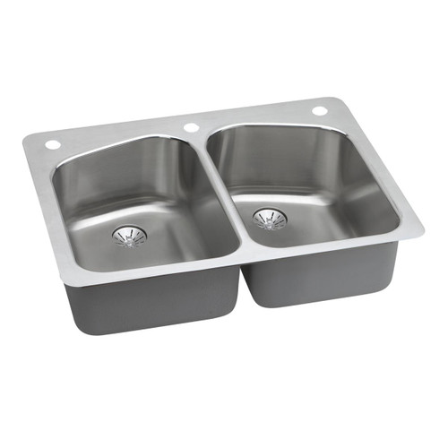 ELKAY  LKHSR33229PD2R Lustertone Classic Stainless Steel 33" x 22" x 9", 2R-Hole Equal Double Bowl Undermount or Drop-in Sink with Perfect Drain