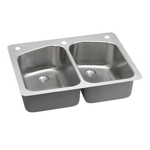 Elkay Lustertone Classic Stainless Steel 33" x 22" x 9", 2R-Hole Equal Double Bowl Undermount or Drop-in Sink with Perfect Drain - LKHSR33229PD2R