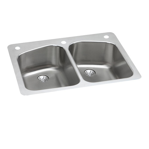 Elkay Lustertone Classic Stainless Steel 33" x 22" x 9", 3-Hole Equal Double Bowl Undermount or Drop-in Sink with Perfect Drain - LKHSR33229PD3