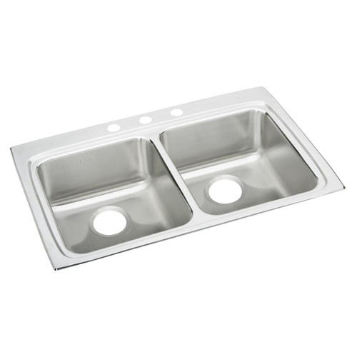 Elkay Lustertone Classic Stainless Steel 33" x 22" x 6-1/2", 3-Hole Equal Double Bowl Drop-in ADA Sink - LRAD3322653