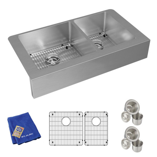 Elkay Crosstown 18 Gauge Stainless Steel 35-7/8" x 20-1/4" x 9", 60/40 Double Bowl Farmhouse Sink Kit - ECTRUF32179RC