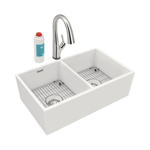 ELKAY  SWUF32189WHFLC Fireclay 33" x 19-15/16" x 9", Equal Double Bowl Farmhouse Sink Kit with Filtered Faucet, - White