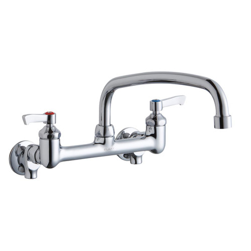 ELKAY  LK940AT14L2S Foodservice 8" Centerset Wall Mount Faucet with 14" Arc Tube Spout 2" Lever Handles 1/2 Offset Inlets+Stop