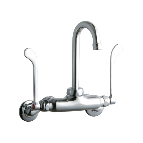 ELKAY  LK945GN04T6T Foodservice 3-8" Adjustable Centers Wall Mount Faucet with 4" Gooseneck Spout 6" Wristblade Handles 2in Inlet