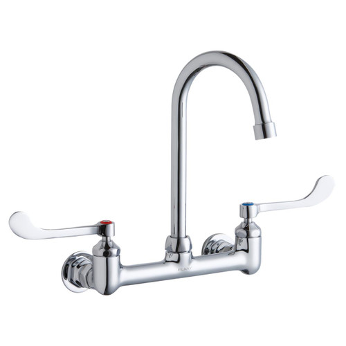 Elkay Scrub/Handwash 8" Centerset Wall Mount Faucet w/5" Gooseneck Spout 6" Wristblade Handles 1/2in Offset Inlet - LK940GN05T6H