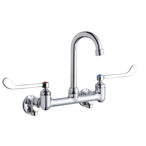 Elkay Scrub/Handwash 8" Centerset Wall Mount Faucet w/4" Gooseneck Spout 6" Wristblade Handle 1/2 Offset Inlets+Stop - LK940GN04T6S